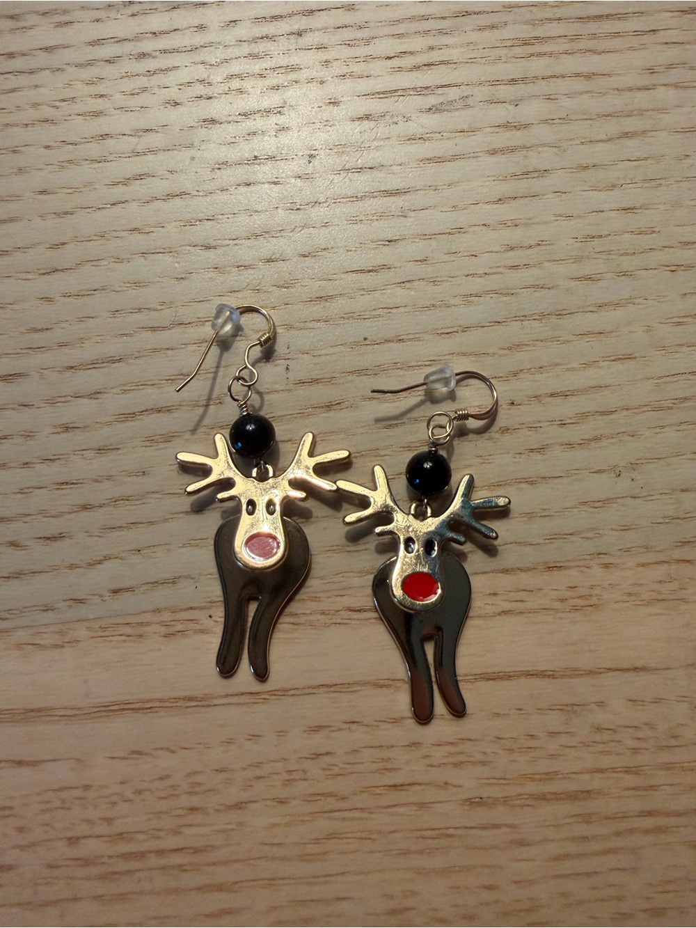 Gold Reindeer Drop Earrings with Black Bead